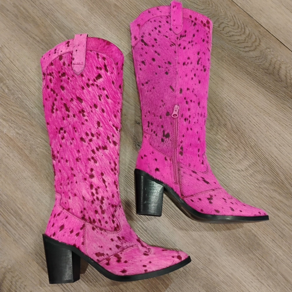 Nasty Gal Hair On Knee High Cerise Pony Skin Fuschia Cowboy Boots NWOT Size 8 - Picture 10 of 10